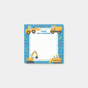 Blue Construction Trucks Personalised Mitzvah Post-it Notes