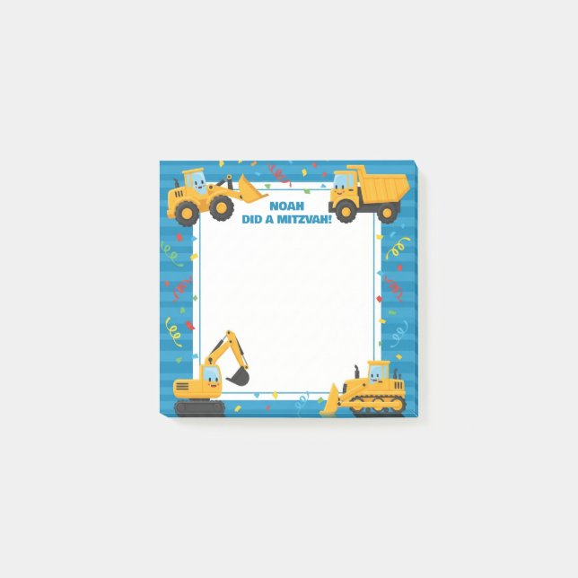 Blue Construction Trucks Personalised Mitzvah  Post-it Notes (Front)