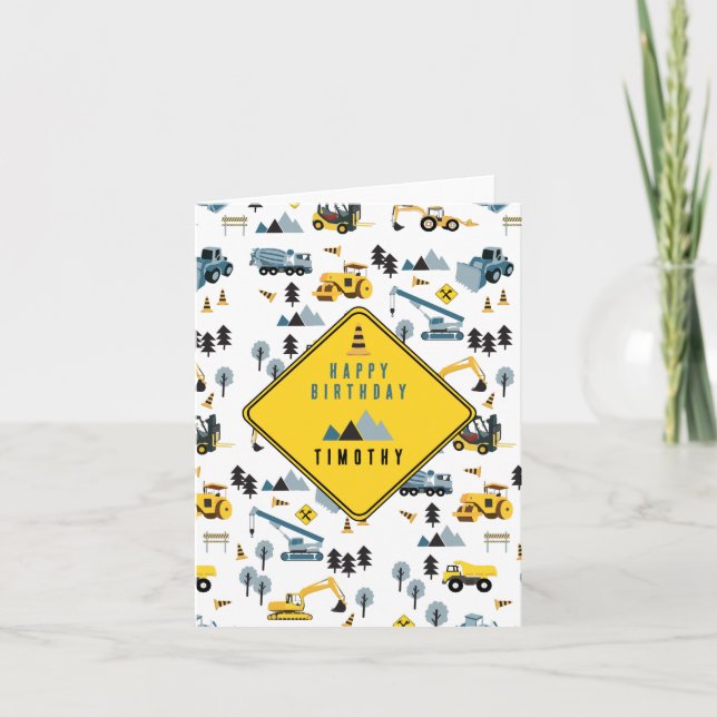 Blue Construction Trucks & Site Theme Birthday  Card (Front)