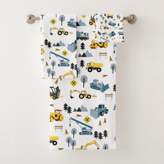 Blue Construction Trucks & Site Theme Pattern  Bath Towel Set (Insitu)