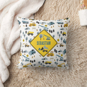 Blue Construction Trucks & Site Theme Pattern Cushion