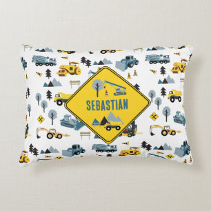 Blue Construction Trucks & Site Theme Pattern  Decorative Cushion