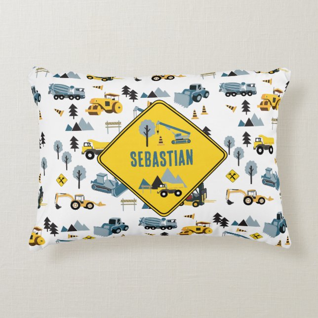 Blue Construction Trucks & Site Theme Pattern  Decorative Cushion (Front)