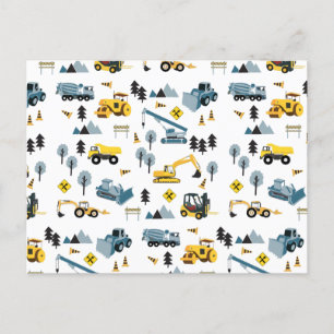 Blue Construction Trucks & Site Theme Pattern  Holiday Postcard
