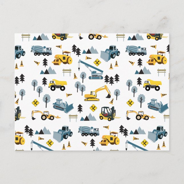 Blue Construction Trucks & Site Theme Pattern  Holiday Postcard (Front)