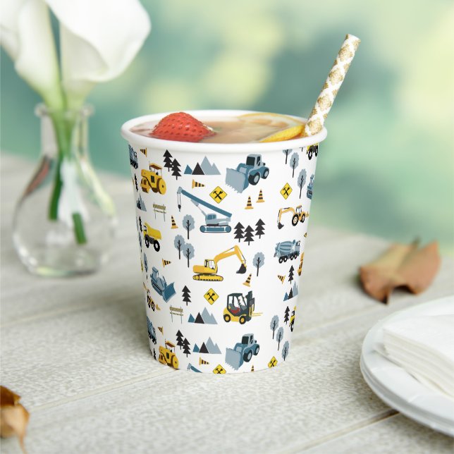 Blue Construction Trucks & Site Theme Pattern Paper Cups (Insitu)