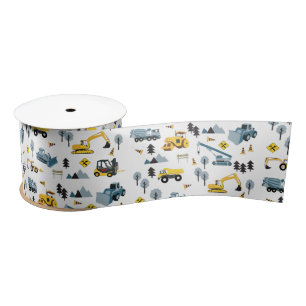 Blue Construction Trucks & Site Theme Pattern Satin Ribbon