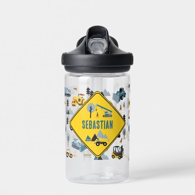 Blue Construction Trucks & Site Theme Pattern  Water Bottle (Front)