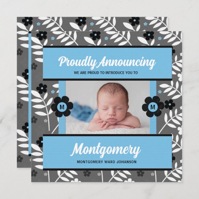 Blue Contemporary Birth Announcement Baby Photo (Front/Back)