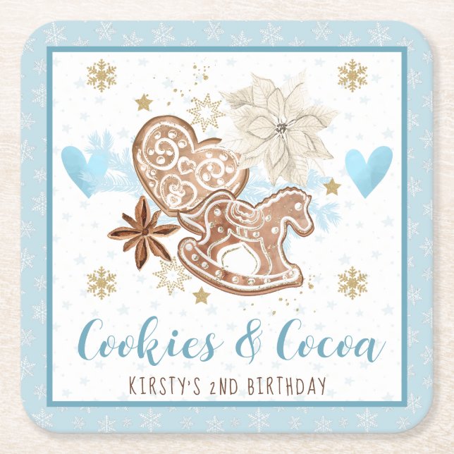 Blue Cookies & Cocoa 2nd Birthday Party Square Paper Coaster (Front)
