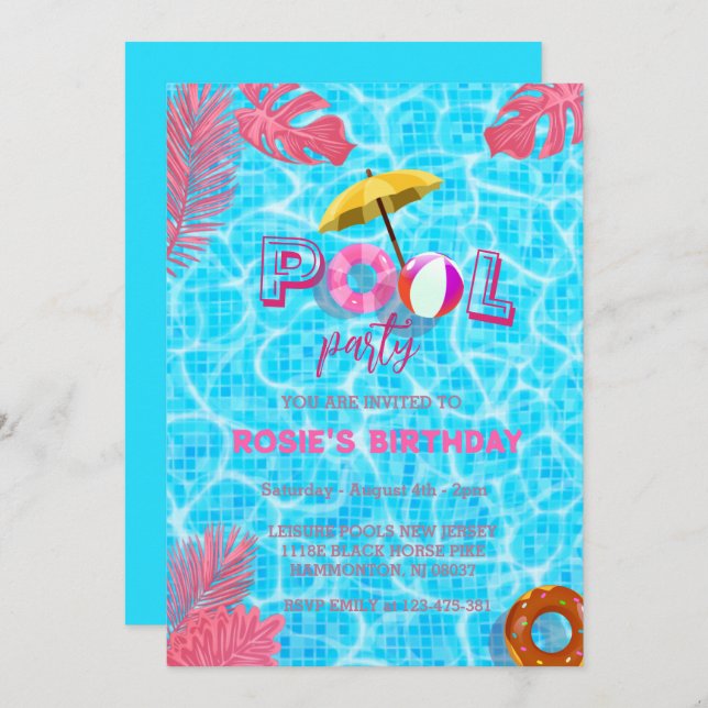  Blue Cool Pool Party & summer Swimming Birthday Invitation (Front/Back)