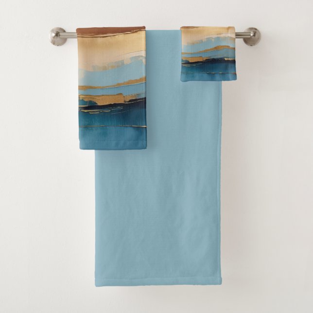 Blue copper and gold waves bath towel set (Insitu)