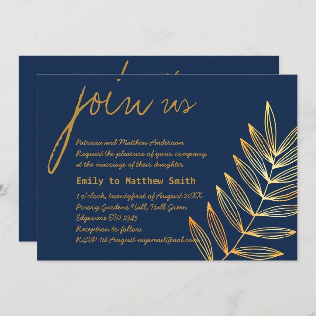 Blue Copper Leaf Wedding Invitation Modern Minimal (Front/Back)