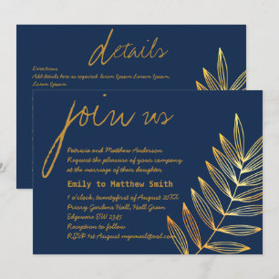 Blue Copper Leaf Wedding Invitation Modern Minimal