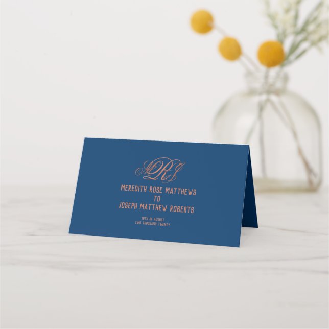 Blue Copper Monogram Elegant Script Wedding Place Card (Front)