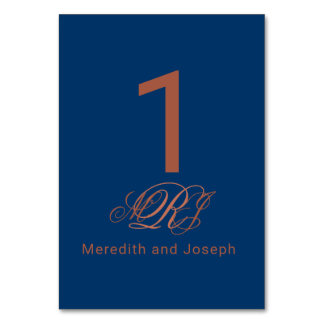 Blue Copper Monogram Elegant Script Wedding Table Number