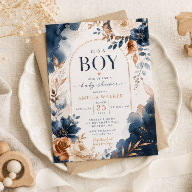 Blue & Copper Watercolor Baby Shower Invitation (Creator Uploaded)
