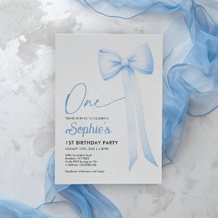 Blue Coquette Bow 1st Birthday Invitation