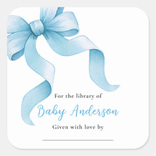 Blue Coquette Bow Baby Shower Bookplate Square Sticker