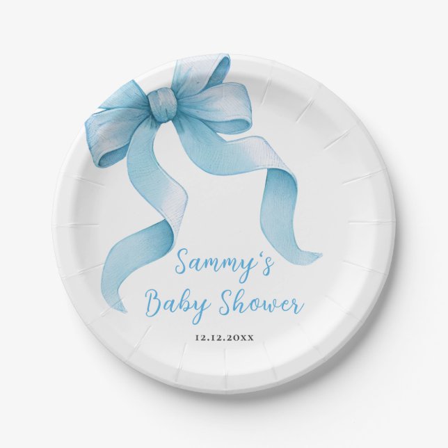 Blue Coquette Bow Baby Shower Paper Plate (Front)