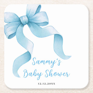 Blue Coquette Bow Baby Shower Square Paper Coaster