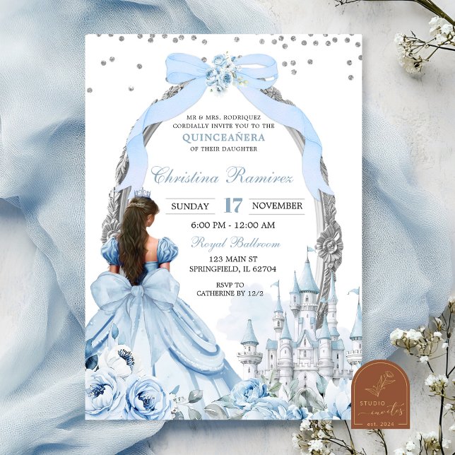 Blue Coquette Bow Fairytale Castle Quinceanera  Invitation (Creator Uploaded)