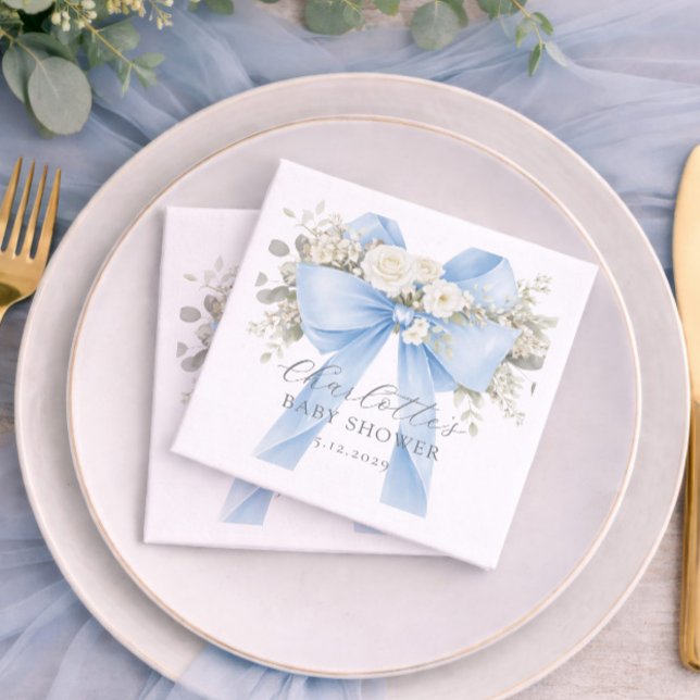 Blue Coquette Bow Floral Baby Boy Shower Napkin (Creator Uploaded)