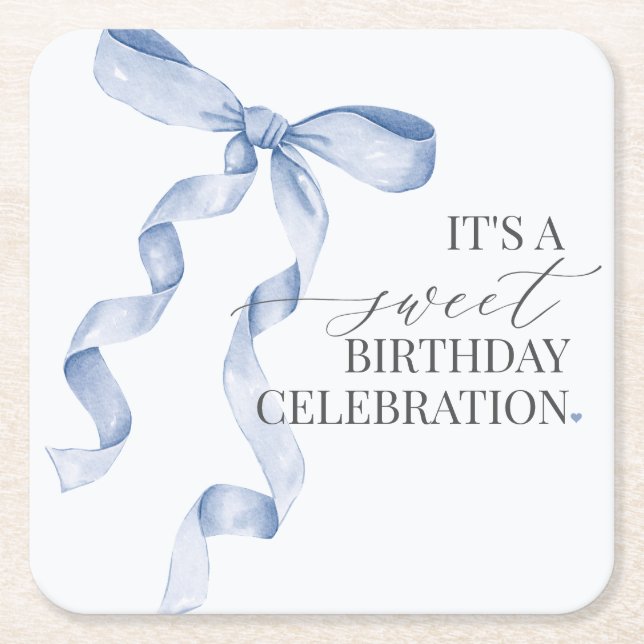 Blue Coquette Bow Girl Birthday Party Decor Square Paper Coaster (Front)