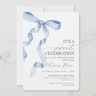 Blue Coquette Bow Girl Birthday Party Invitation