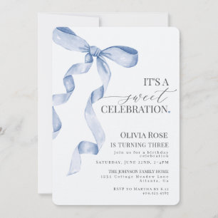 Blue Coquette Bow Girl Birthday Party Invitation