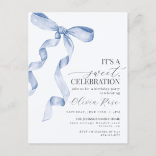 Blue Coquette Bow Girl Birthday Party Invitation Postcard