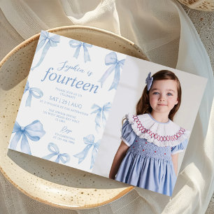 Blue Coquette Bow Girl Birthday Party Photo Invitation