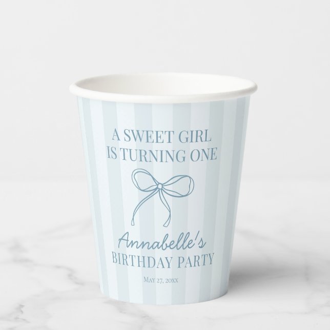 Blue Coquette Bow Pastel Birthday Table Decor Paper Cups (Front)