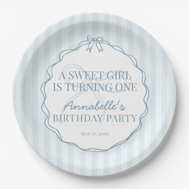 Blue Coquette Bow Pastel Birthday Table Decor Paper Plate (Front)