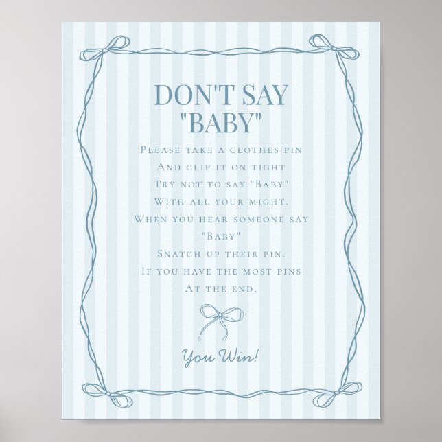 Blue Coquette Bow Pastel Dont Say Baby Shower Game Poster (Front)