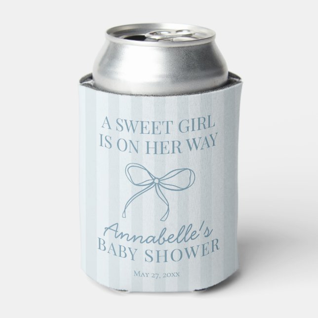 Blue Coquette Bow Pastel Striped Baby Shower Favou Can Cooler (Can Front)