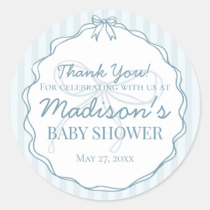 Blue Coquette Bow Pastel Striped Baby Shower Favou Classic Round Sticker