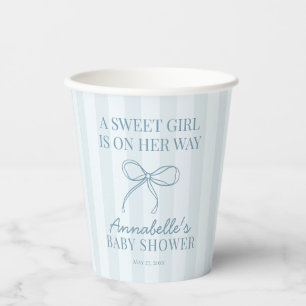 Blue Coquette Bow Pastel Striped Baby Shower Paper Cups