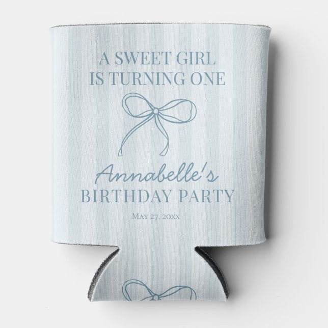 Blue Coquette Bow Pastel Striped Birthday Favour Can Cooler (Front)