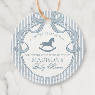 Blue Coquette Bow Rocking Horse Baby Shower Circle Favour Tags