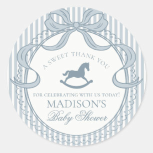 Blue Coquette Bow Rocking Horse Baby Shower Favor Classic Round Sticker