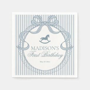 Blue Coquette Bow Rocking Horse Birthday Dessert Napkin