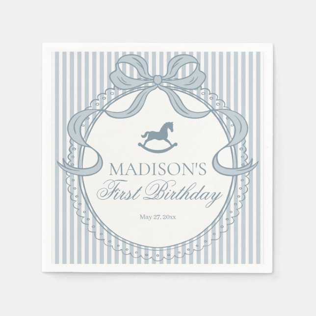 Blue Coquette Bow Rocking Horse Birthday Dessert Napkin (Front)