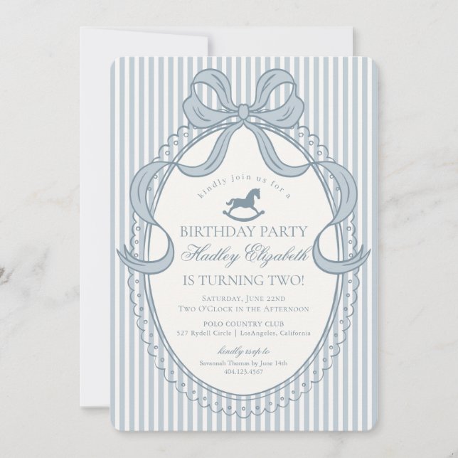Blue Coquette Bow Rocking Horse Birthday Invitation (Front)