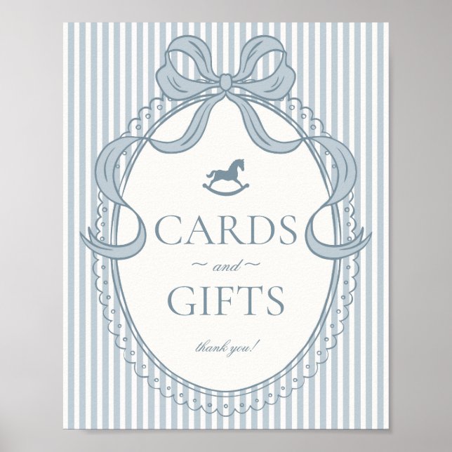 Blue Coquette Bow Rocking Horse Cards & Gifts Poster (Front)
