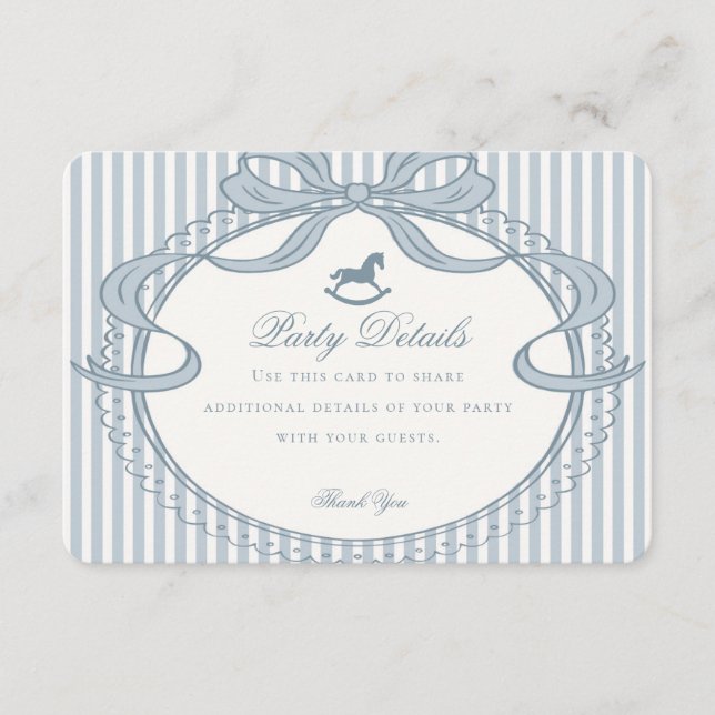 Blue Coquette Bow Rocking Horse Details Enclosure Card (Front)