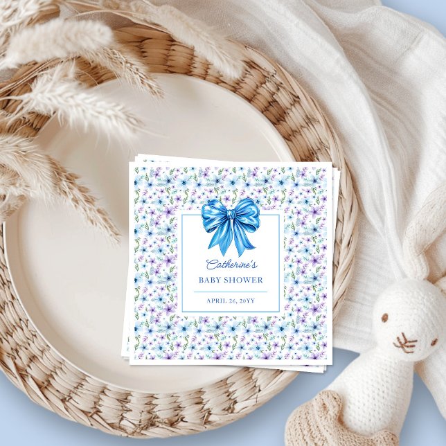 Blue Coquette Bow Wildflower Floral Baby Shower Napkin (Creator Uploaded)