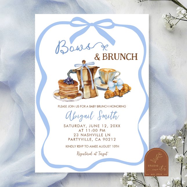 Blue coquette bows and brunch baby shower invitation (Creator Uploaded)