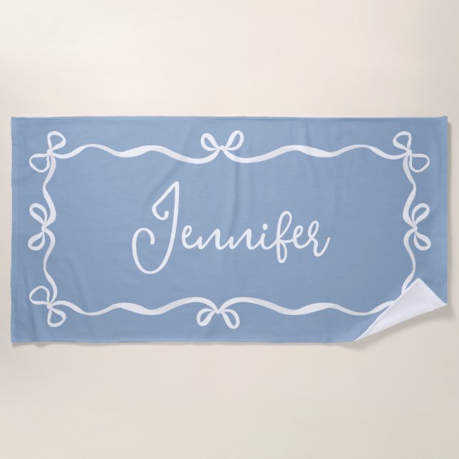 Blue Coquette Bows Beach Towel, Custom Name Towel (Front)
