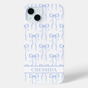 Blue Coquette Bows Monogrammed iPhone 15 Mini Case